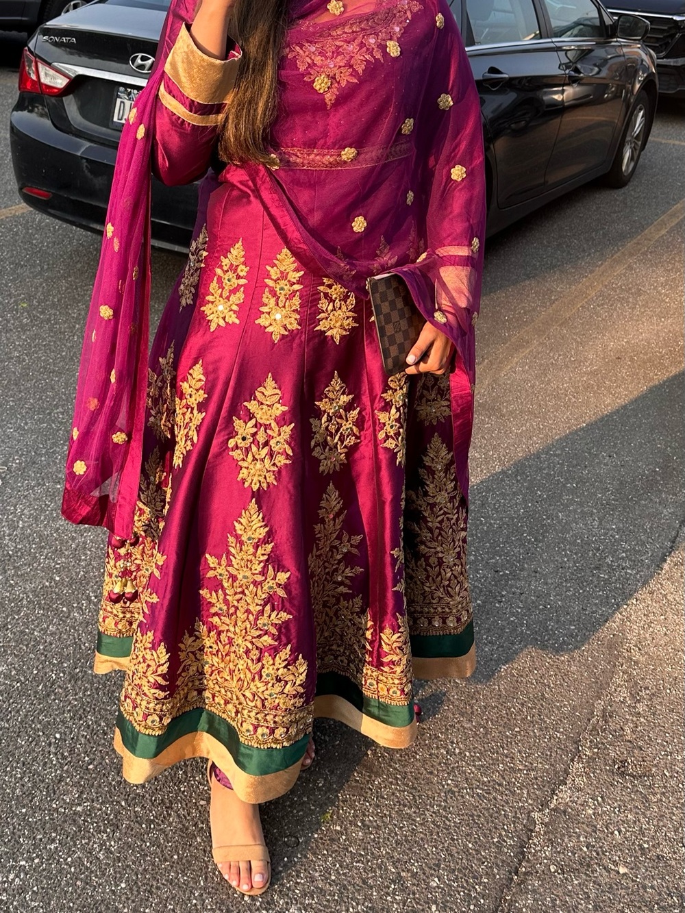 Ethnic Indian Wear Magenta & Gold Embroidered Lehenga Maxi with Green Border